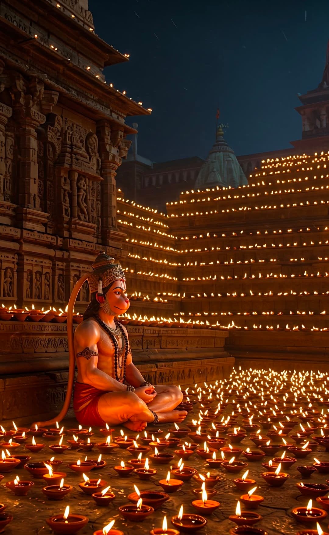 Lord Hanuman sitting in meditation surrounded by thousands of diyas