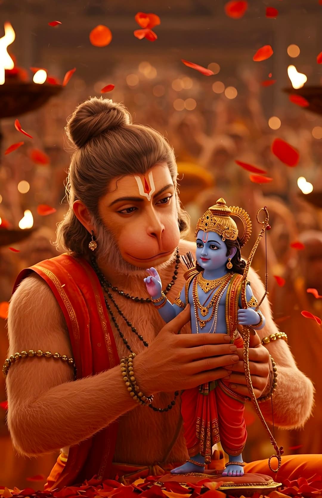 Lord Hanuman holding child form of Lord Rama with devotion