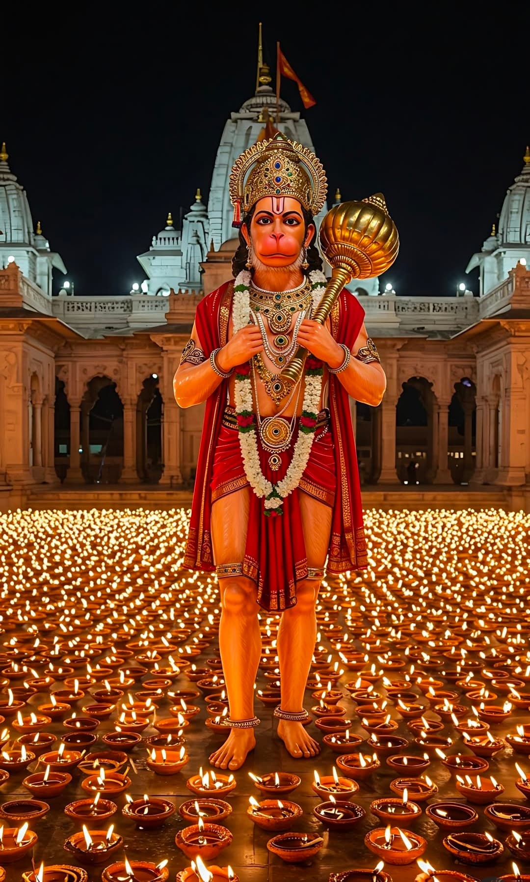 Lord Hanuman holding mace with temple background, surrounded by glowing diyas.