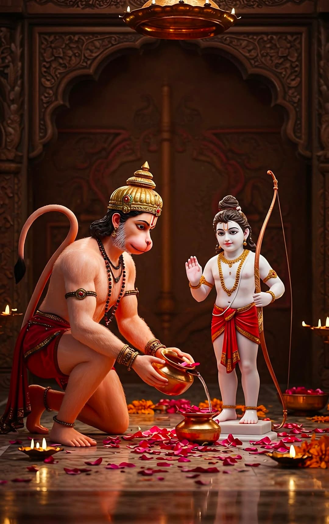 Lord Hanuman offering water to child form of Lord Rama with devotion