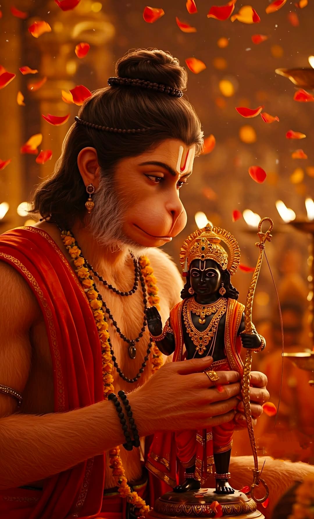 Lord Hanuman holding and worshiping Lord Rama idol with devotion.