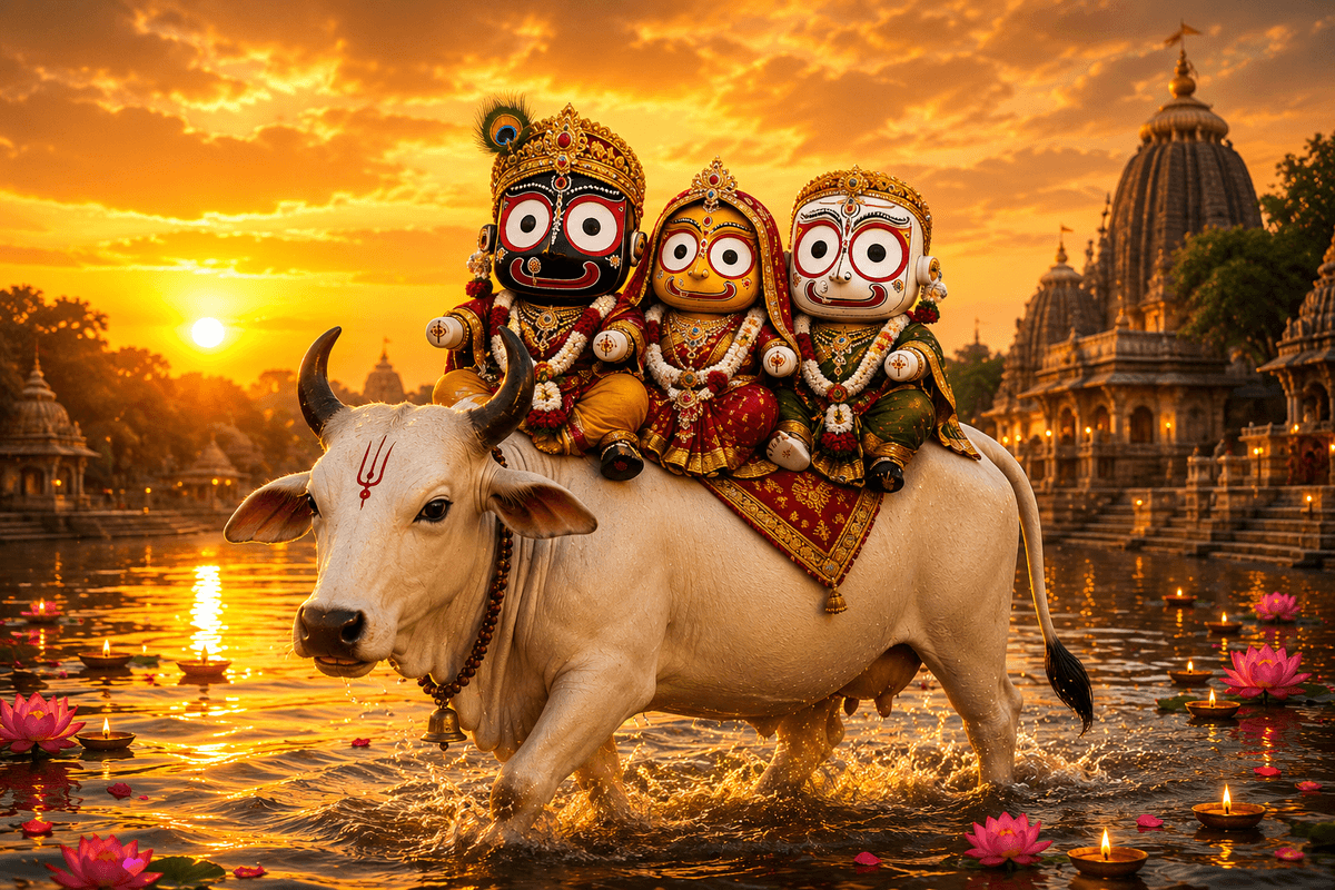 Beautiful 4K image of Lord Jagannath, Balabhadra, and Subhadra seated on a sacred white cow at sunset, free HD download for wallpapers and devotional projects.
