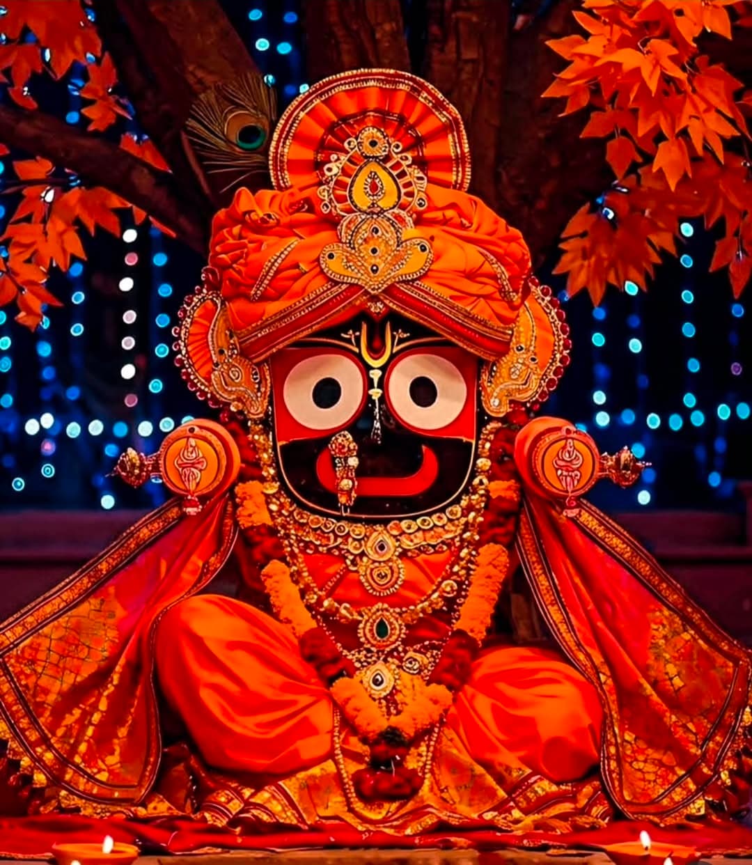 Lord Jagannath sitting under tree in orange attire with ornaments and garlands.