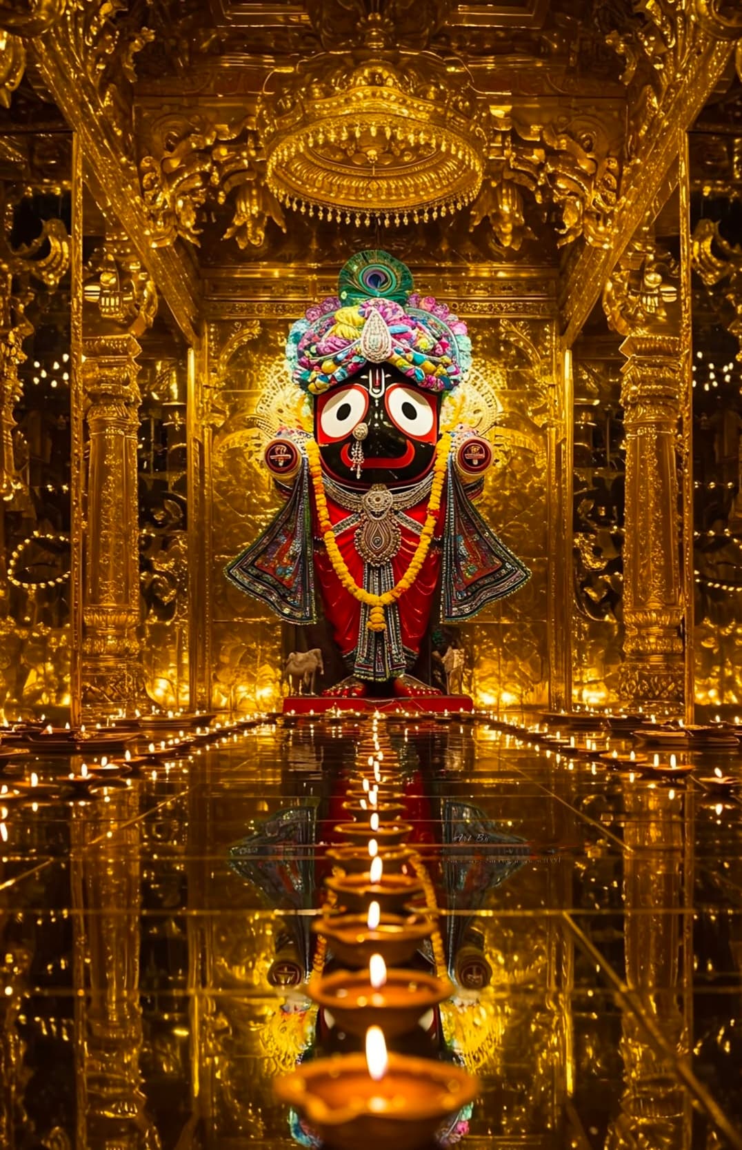 Lord Jagannath in golden temple with lamps and divine decorations.