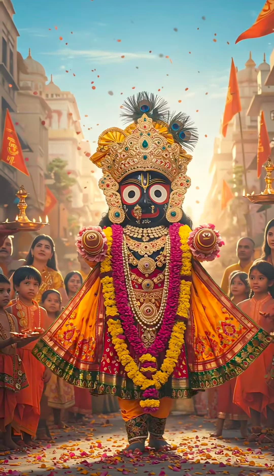 Lord Jagannath in royal attire with devotees during grand procession.