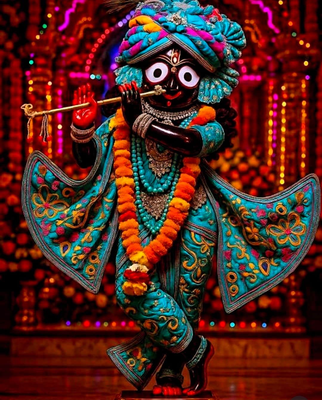 Lord Jagannath in Krishna form wearing turquoise attire and playing flute.