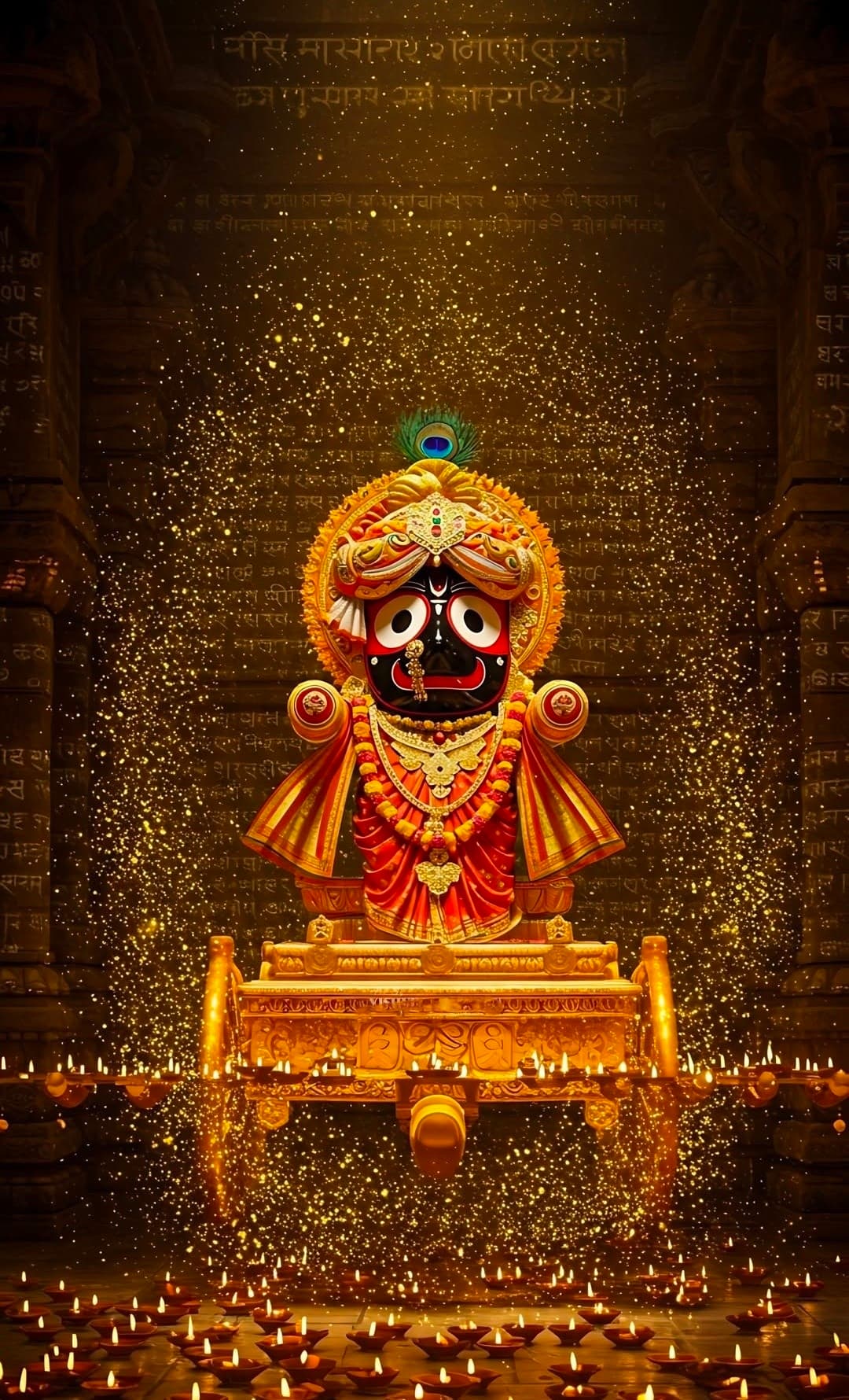 Lord Jagannath seated on golden chariot with glowing lamps and ornaments.