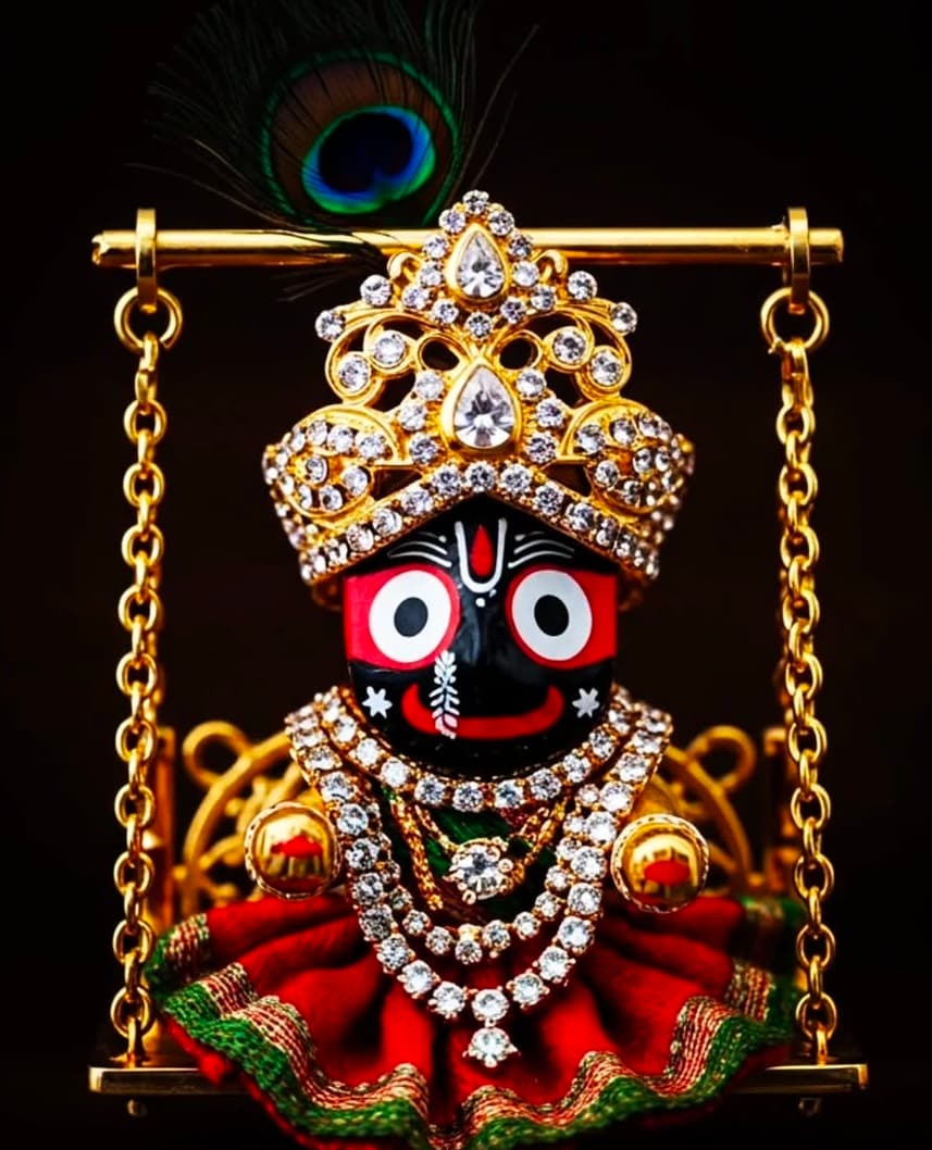 Lord Jagannath on golden swing wearing crown and red dress.