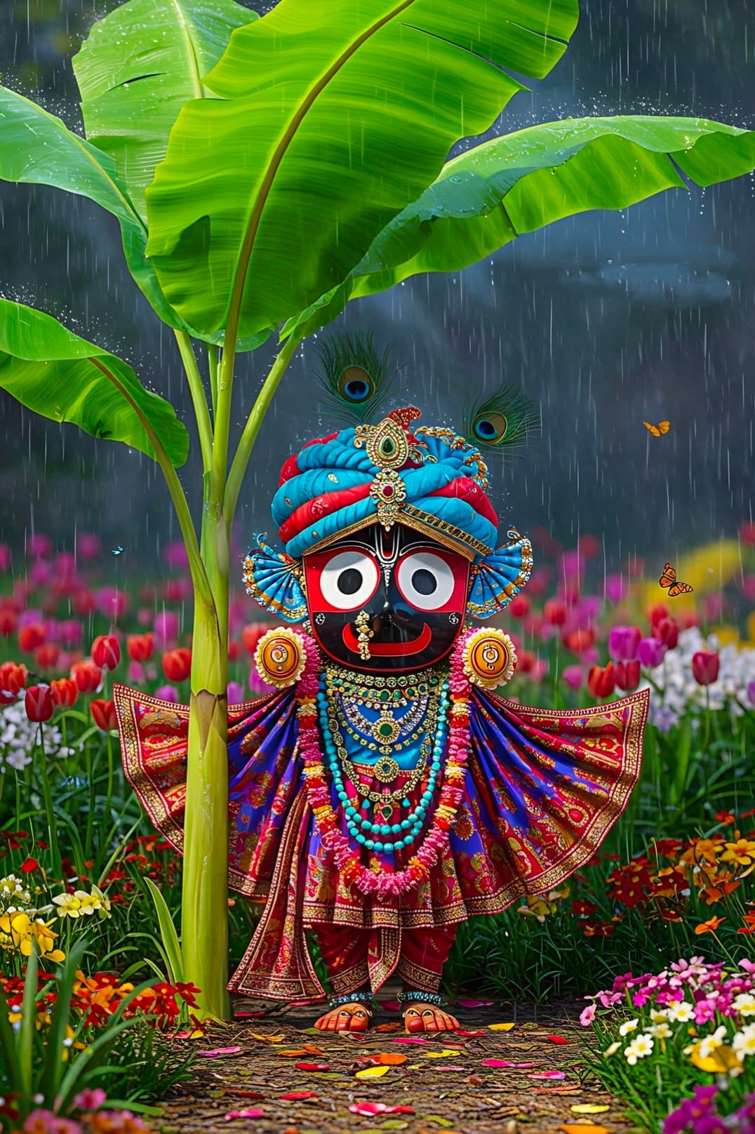 Lord Jagannath in colorful dress standing under banana leaf with flowers and rain.