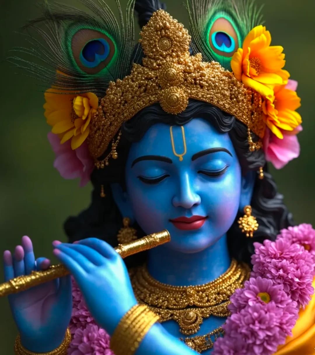 Lord Krishna with golden flute, crown, flowers, and peacock feather.