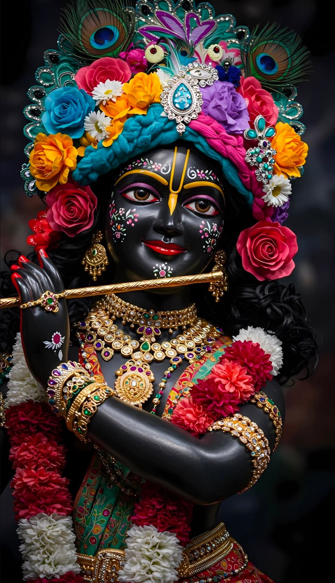 Lord Krishna idol decorated with colorful flowers, jewelry, and flute.