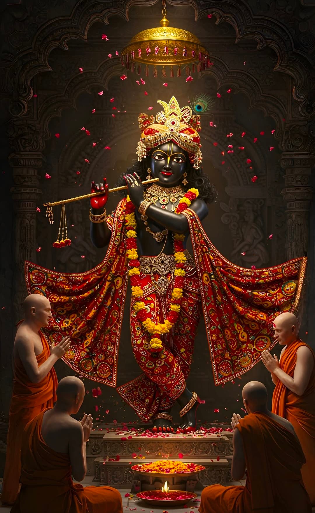 Lord Krishna idol playing flute with devotees praying in temple.