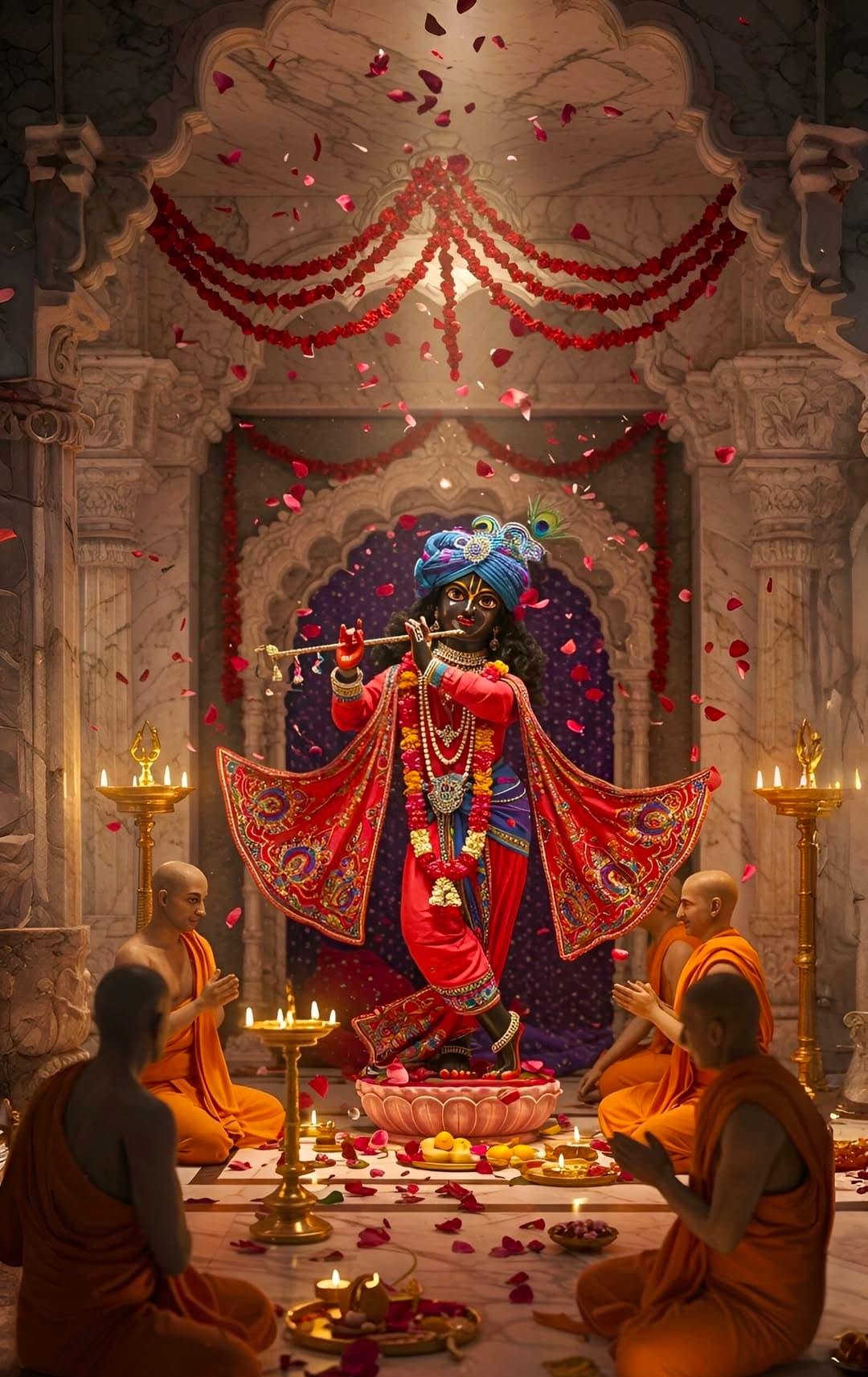 Lord Krishna idol playing flute with devotees offering prayers in temple.