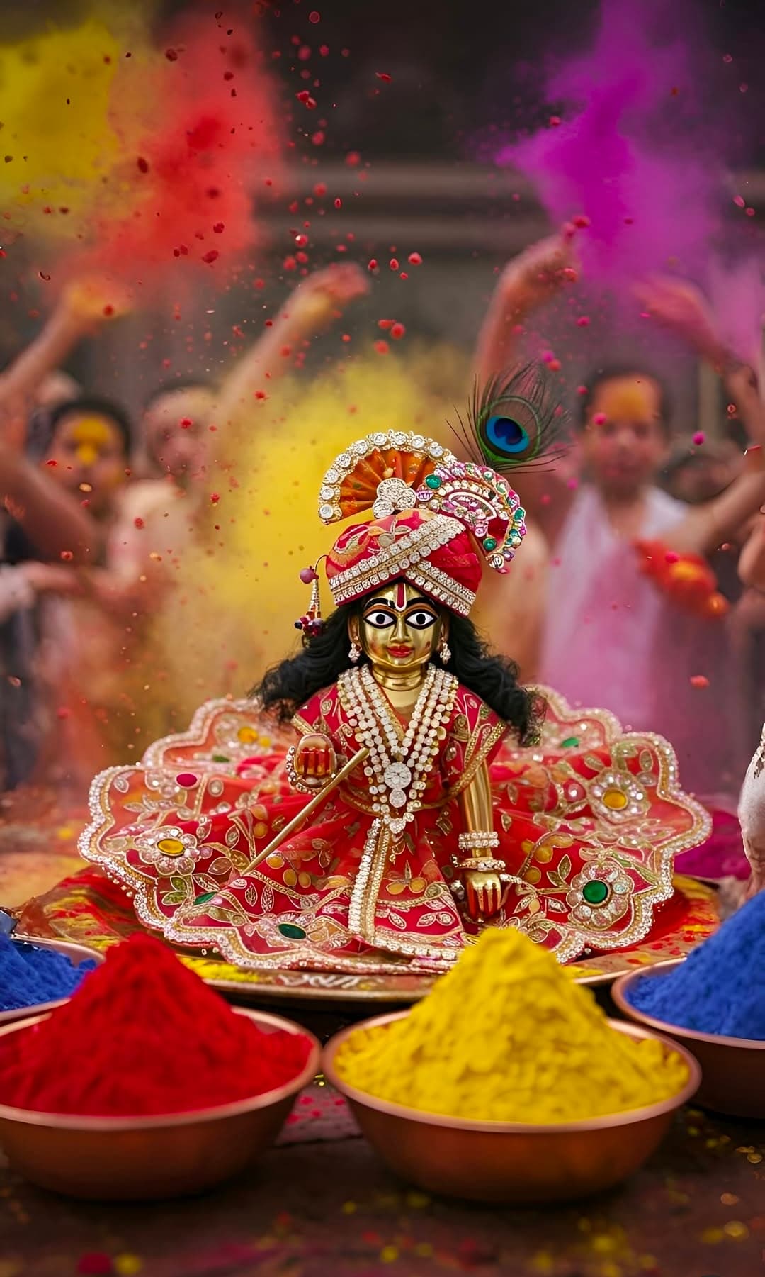 Lord Krishna idol with jewelry and Holi colors in festive celebration.