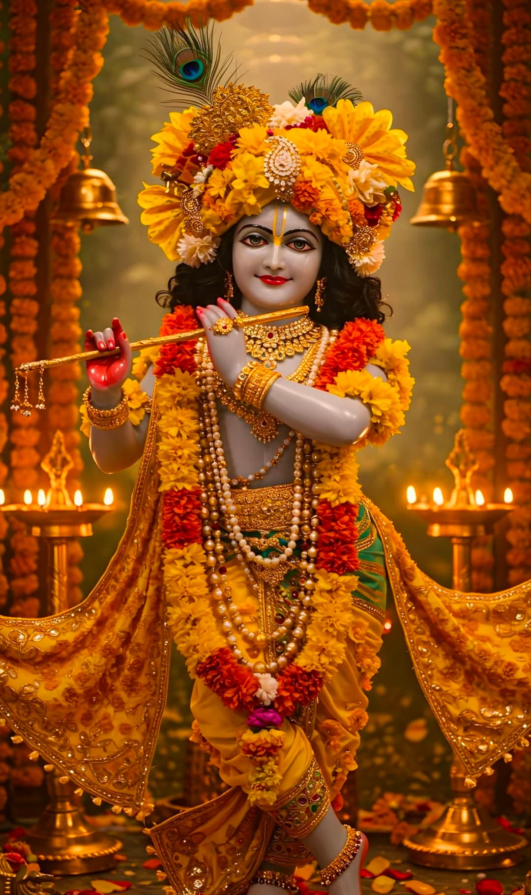 Lord Krishna in orange attire with flute, golden face, peacock feather crown, and flower garlands