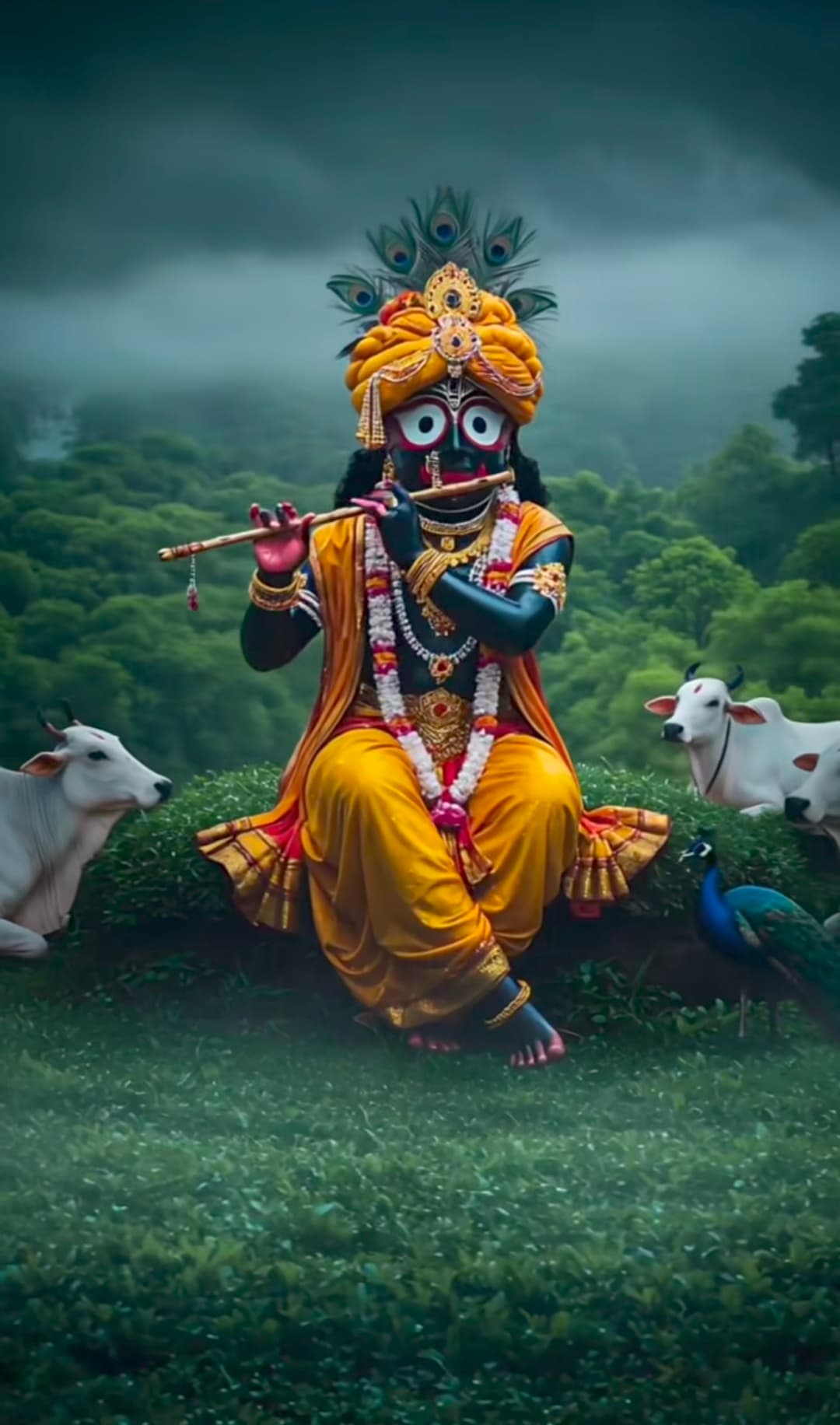 Lord Krishna playing flute in yellow dress with cows and peacock.