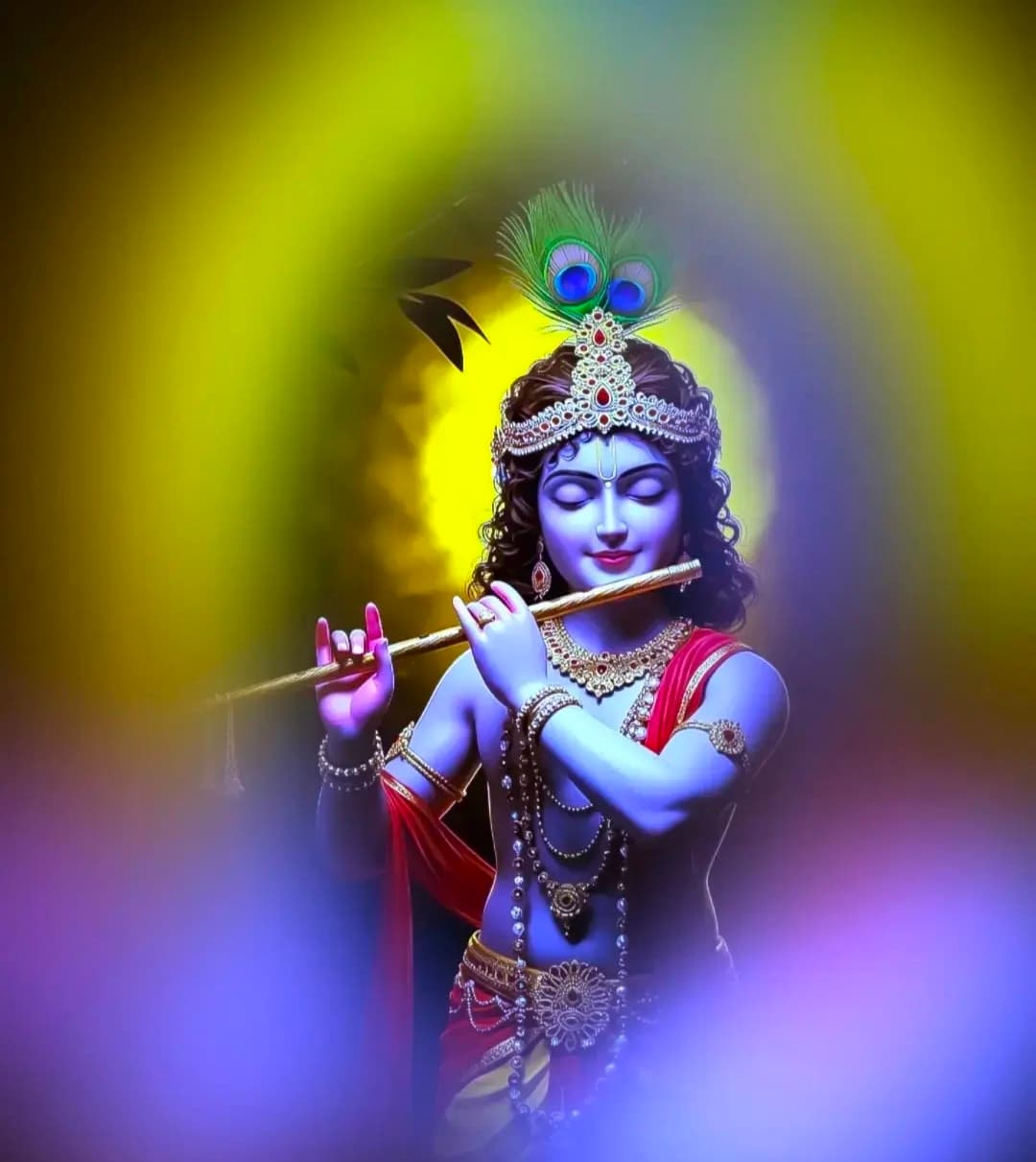 Lord Krishna with flute, peacock feather crown, divine aura, and spiritual glow.