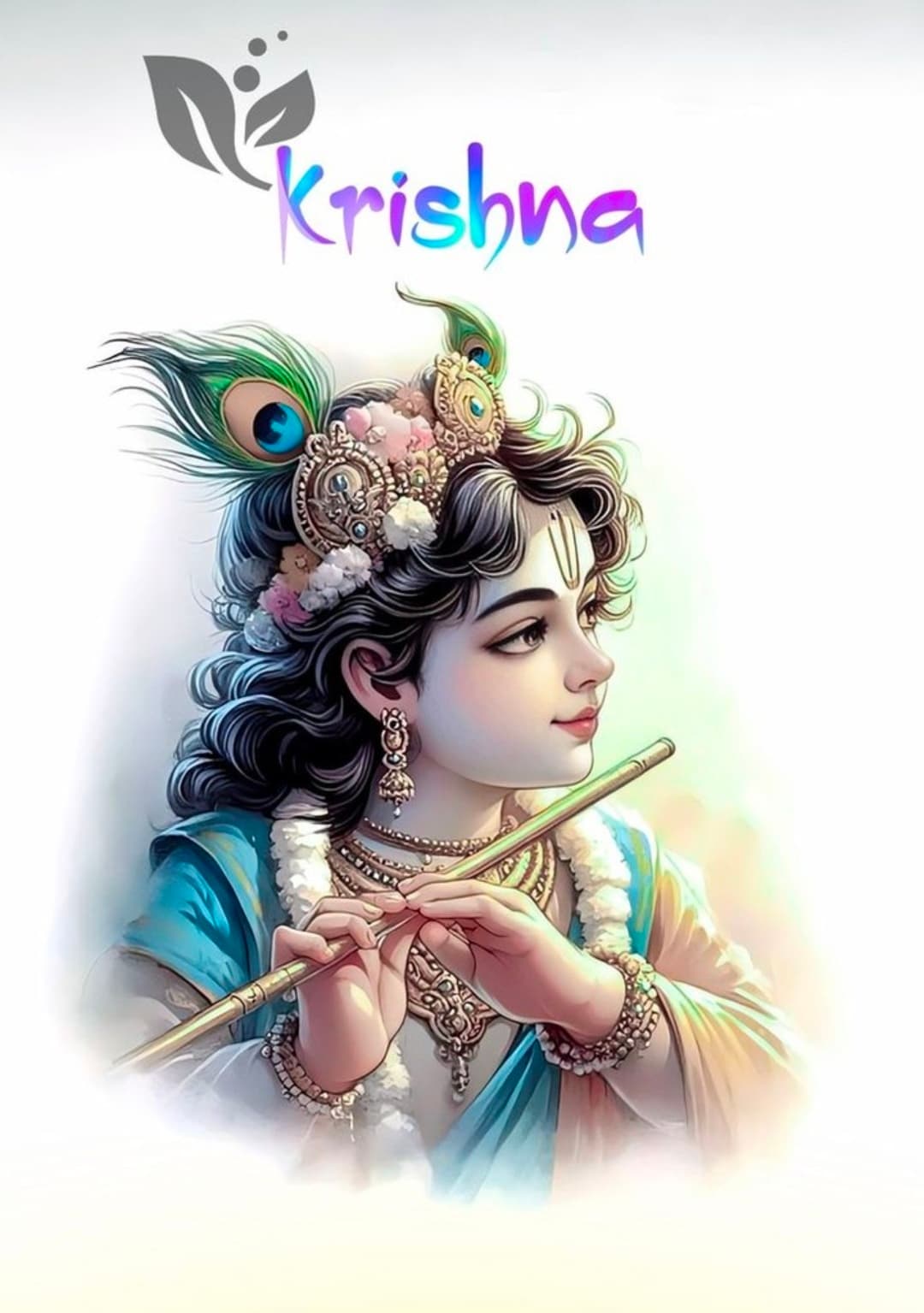 Lord Krishna with peacock crown playing flute in divine form.