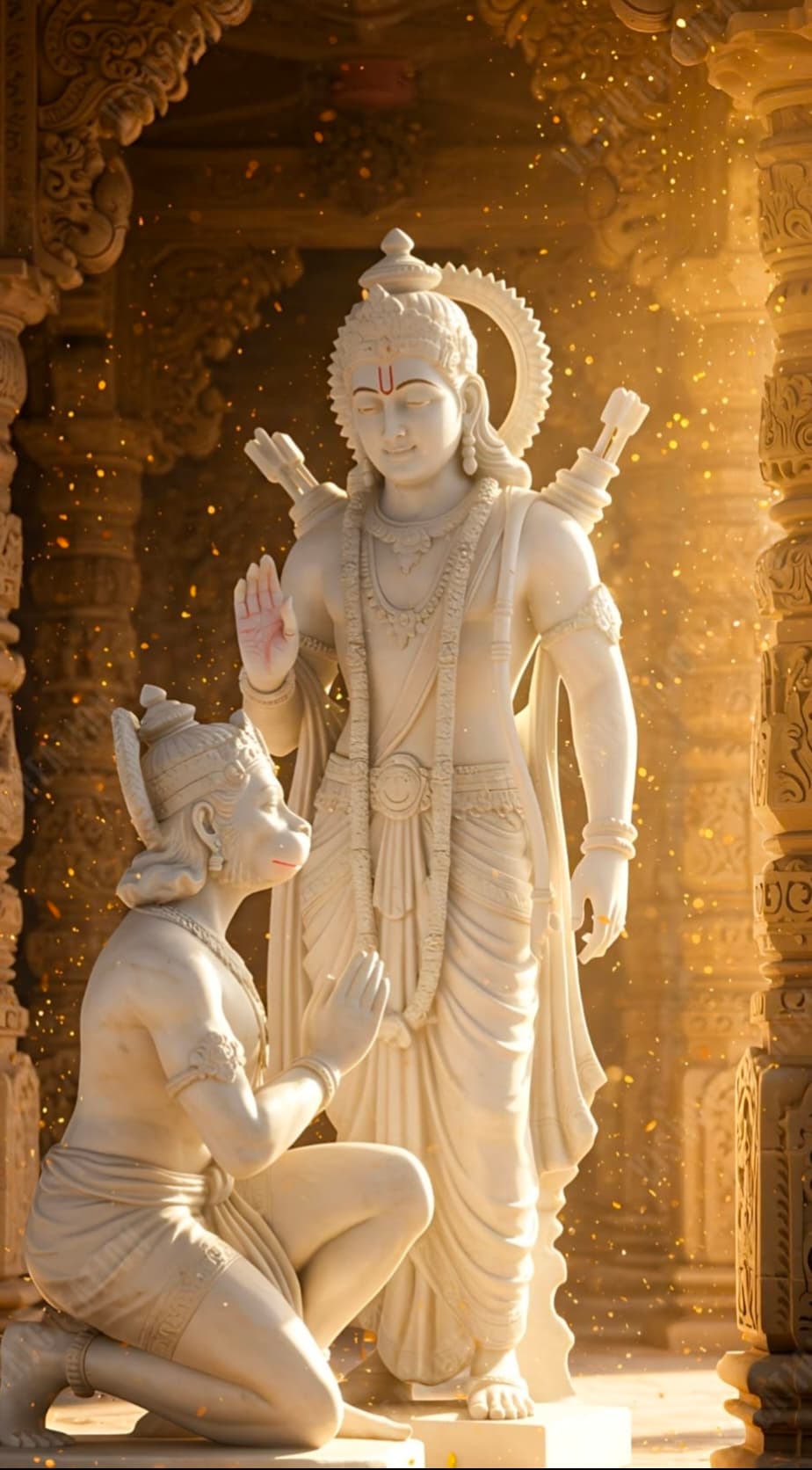 Marble idol of Lord Ram blessing Hanuman in temple setting