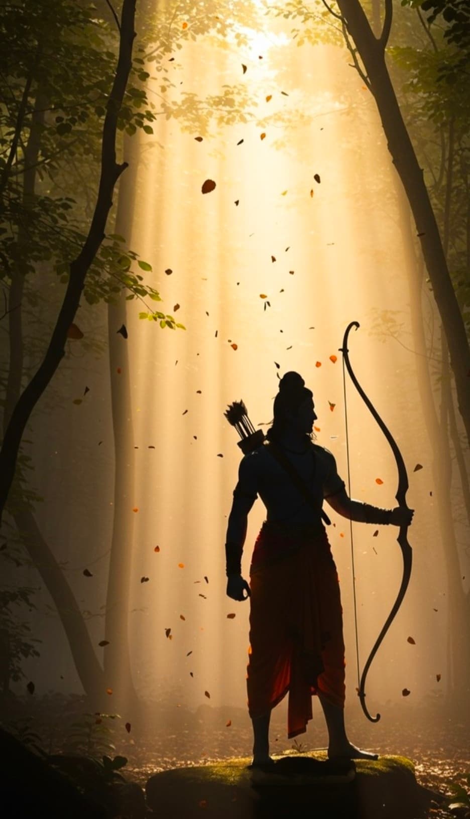 Silhouette of Lord Rama with bow and arrows in forest with golden light.
