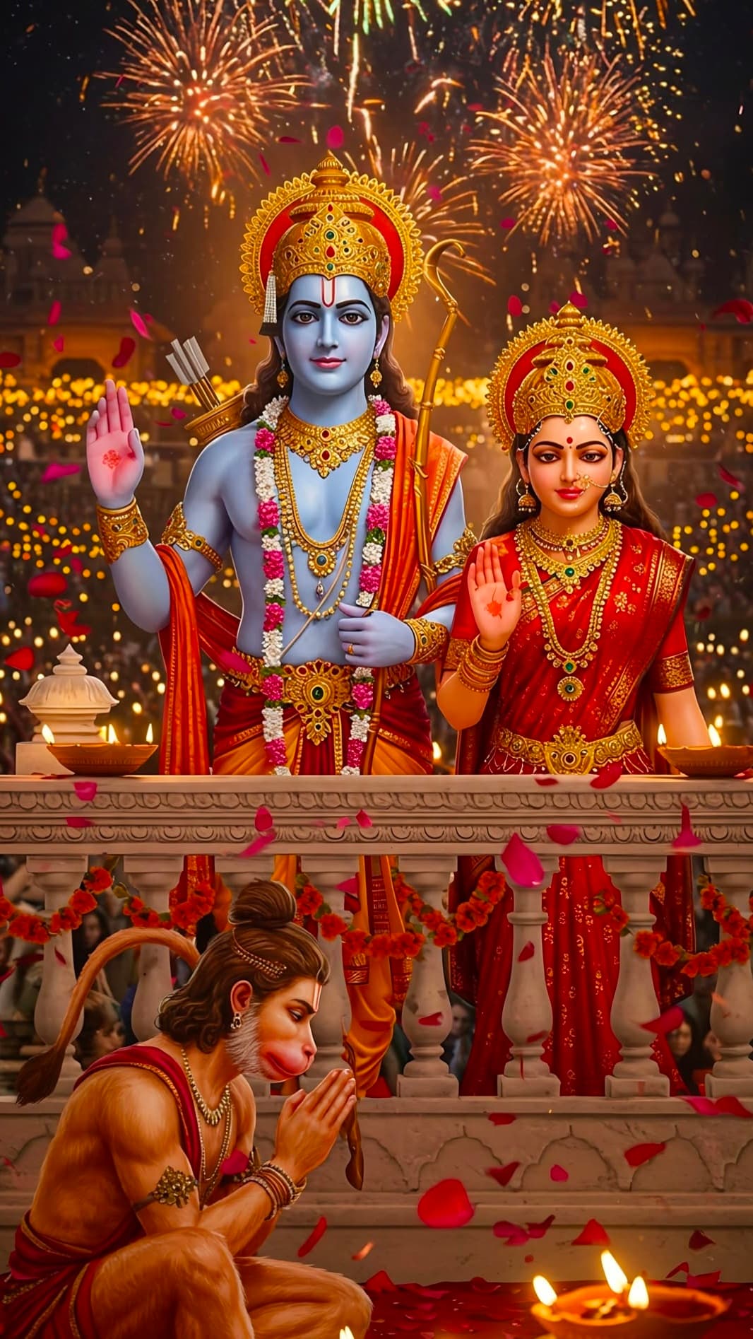 Lord Rama and Goddess Sita blessing with Hanuman Ji bowing in devotion