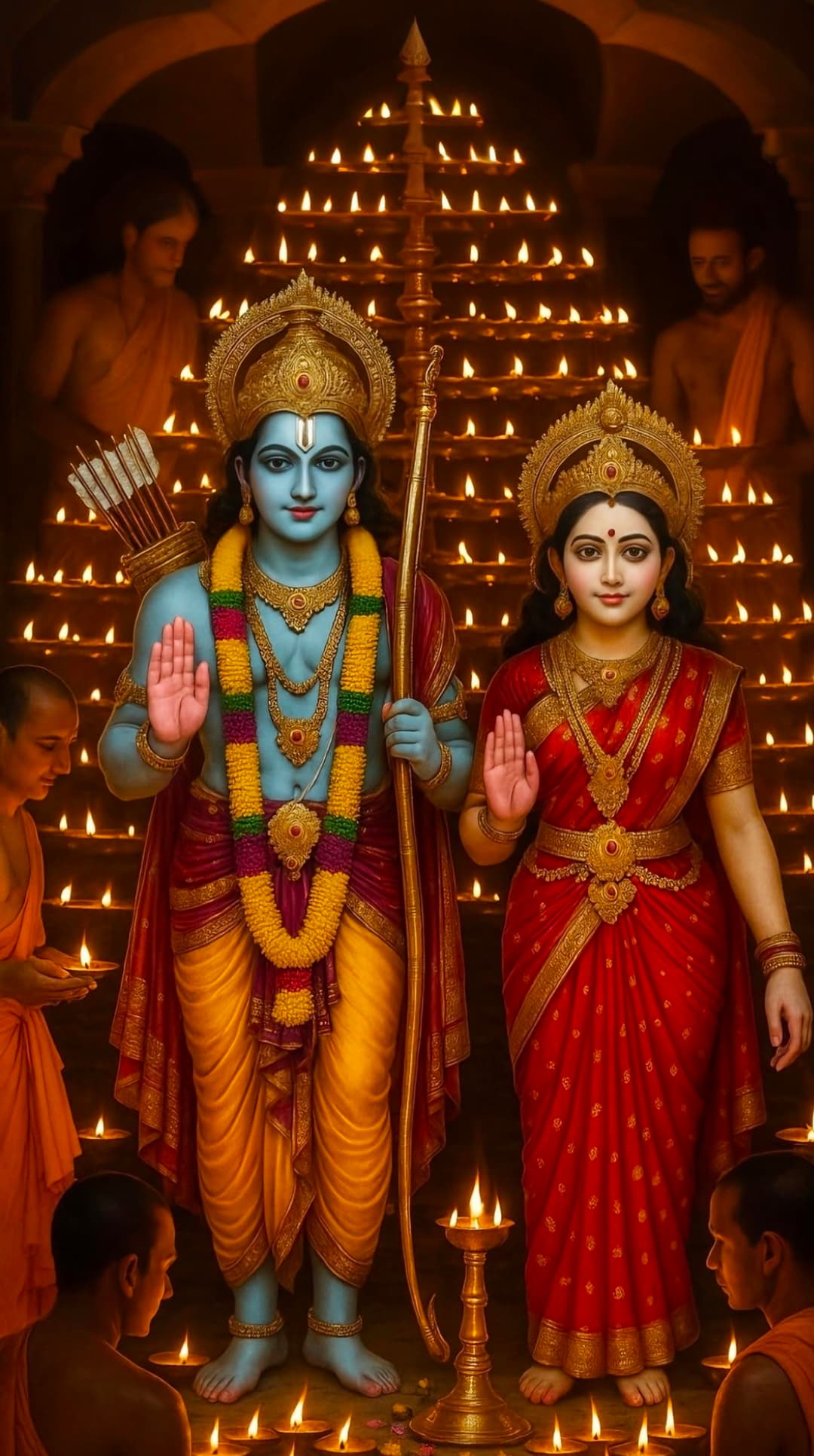 Lord Rama and Goddess Sita standing together with blessings and lamps in background.