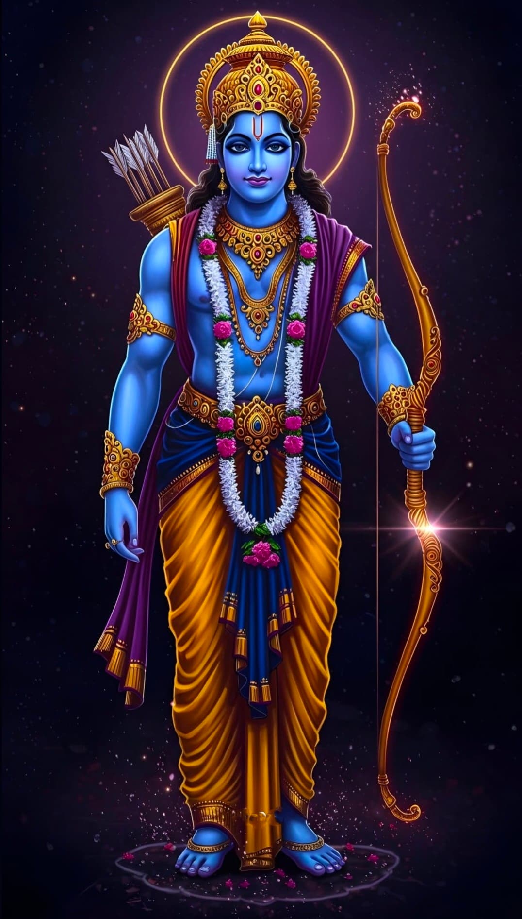 Lord Rama standing with bow and arrows, wearing crown and garland.