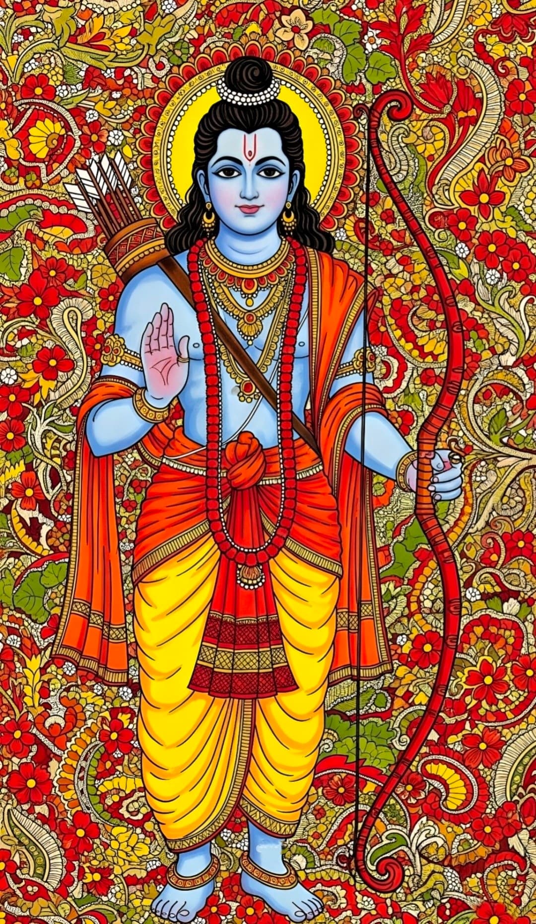 Colorful artwork of Lord Rama holding bow with floral background.