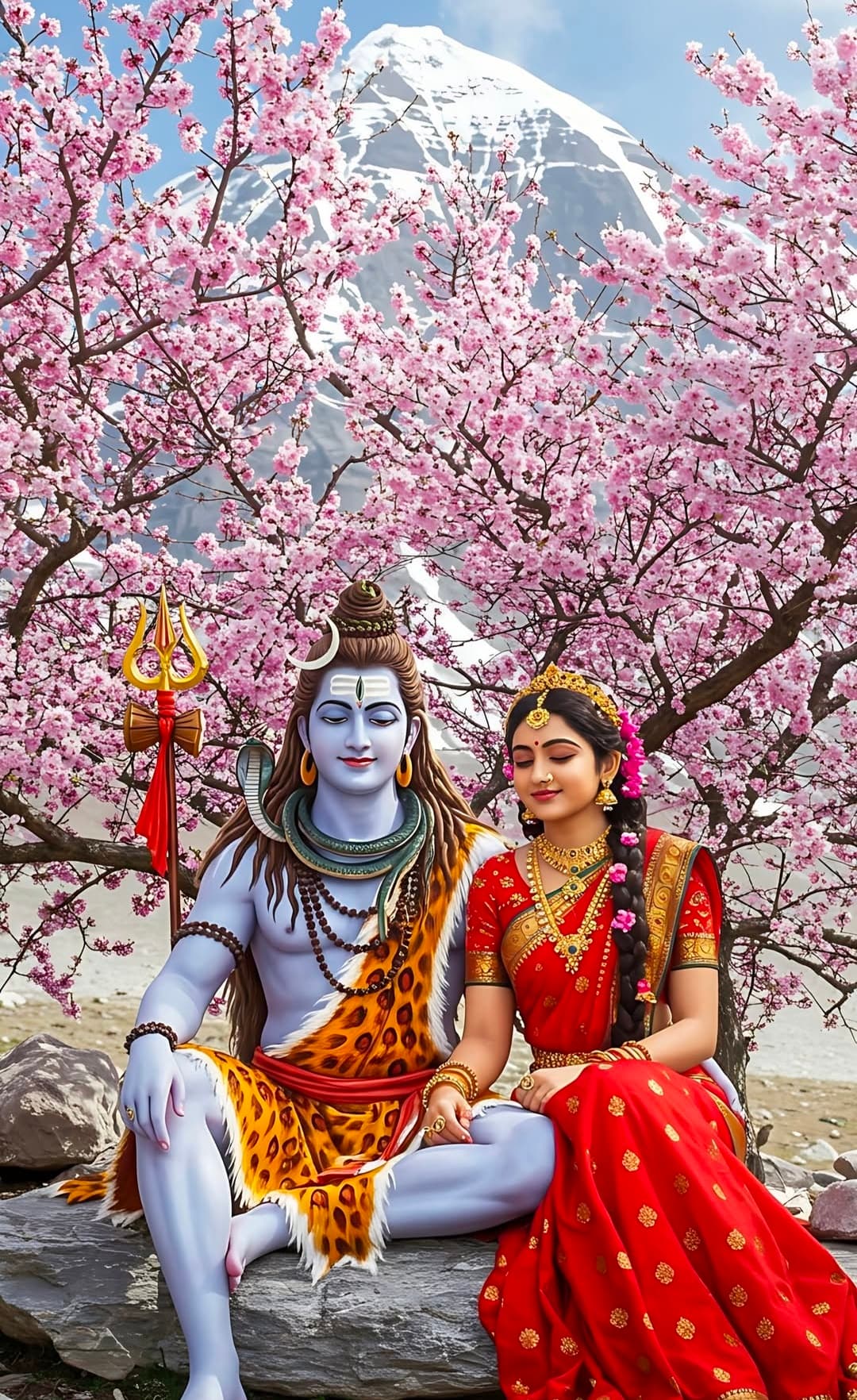 Lord Shiva and Goddess Parvati seated together at Mount Kailash with blooming flowers