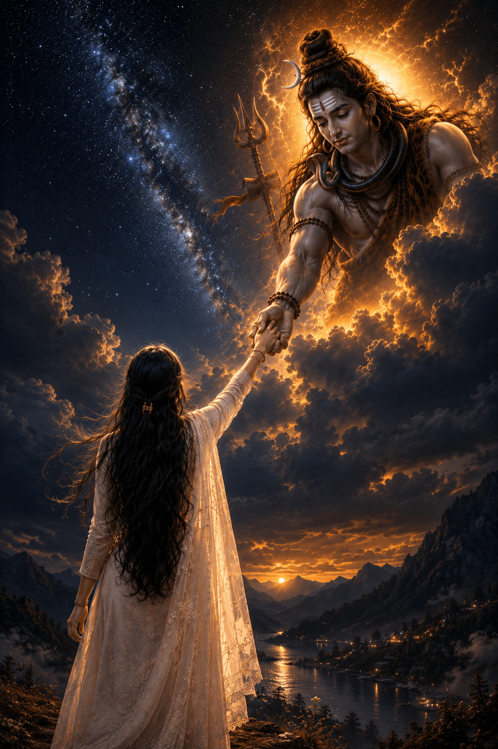 Divine 4K image of Lord Shiva reaching down from the heavens to bless and guide a devotee, free HD wallpaper and instant download.