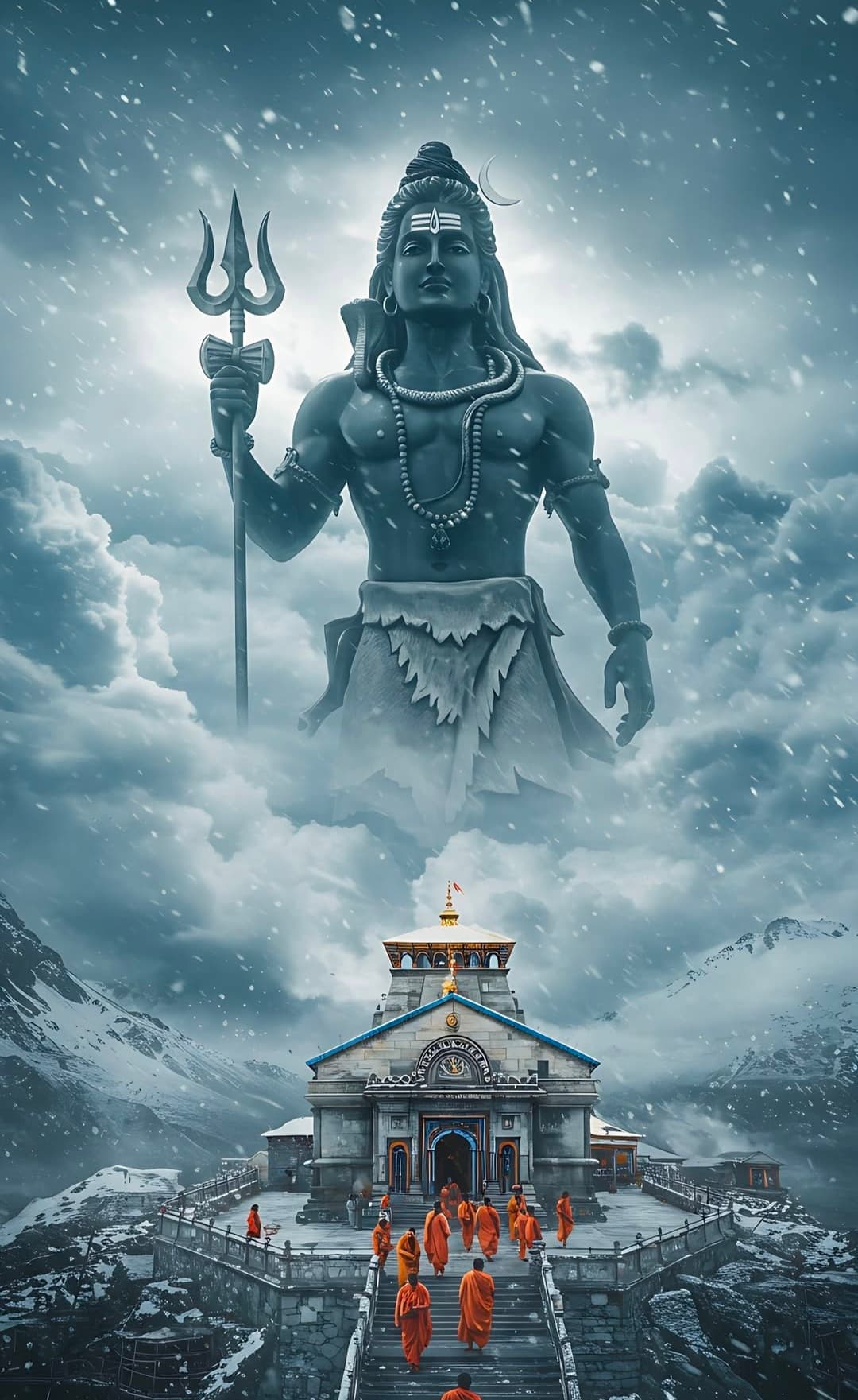 Lord Shiva with trishul above Kedarnath temple in snow