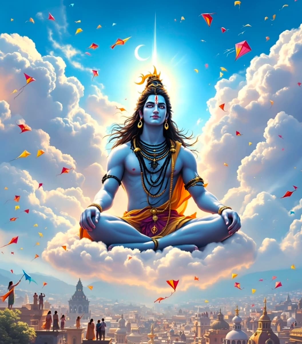 Lord Shiva sitting on clouds with shining light and colorful kites.