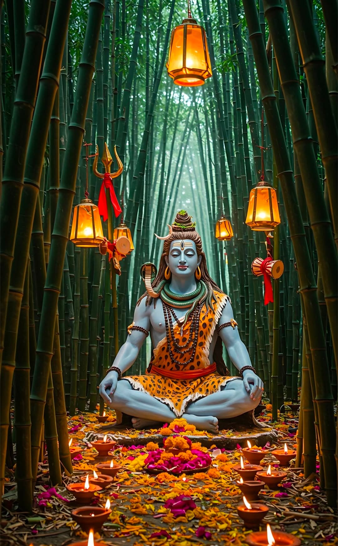 Lord Shiva meditating with lamps and flowers around