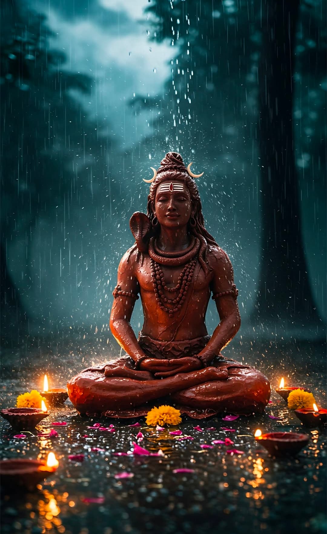 Lord Shiva meditating in rain with lamps and flowers around