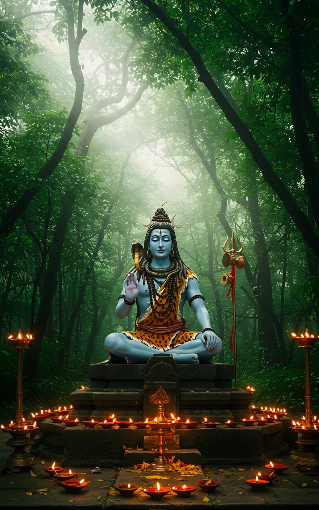 Lord Shiva with three faces and devotees praying at Shiva Lingam