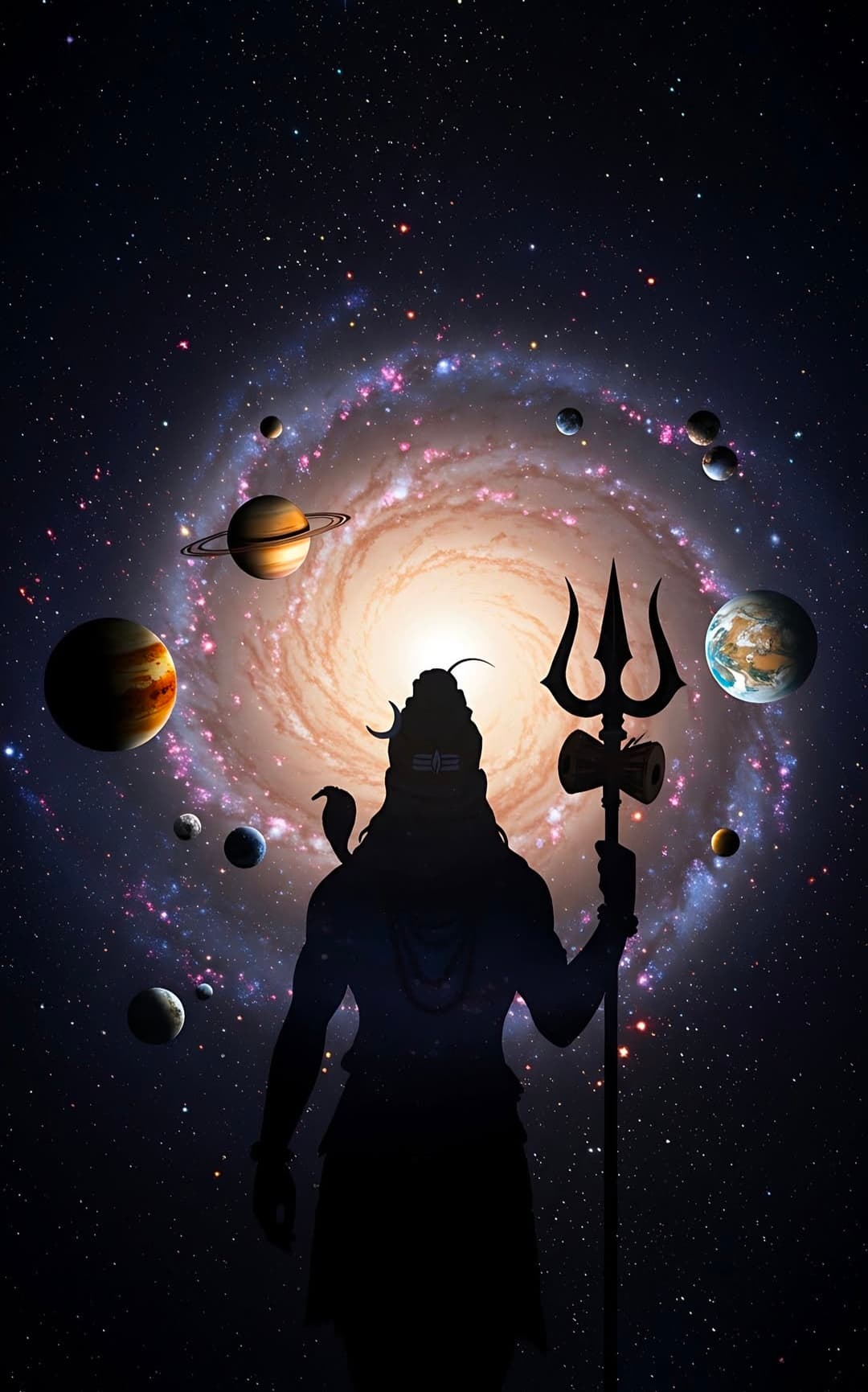 Lord Shiva with trishul in cosmic universe with planets and stars.