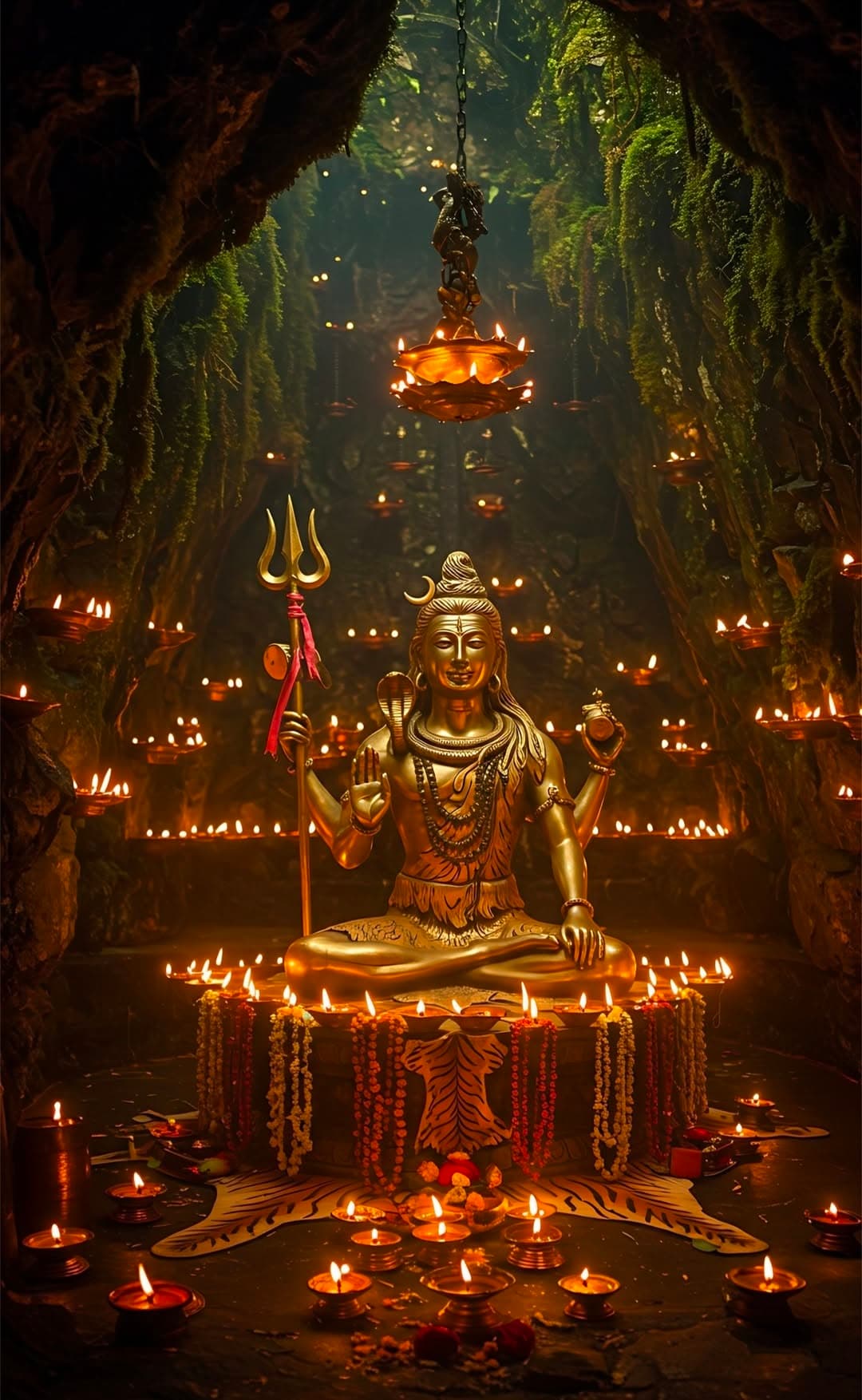 Golden idol of Lord Shiva in a cave with glowing oil lamps