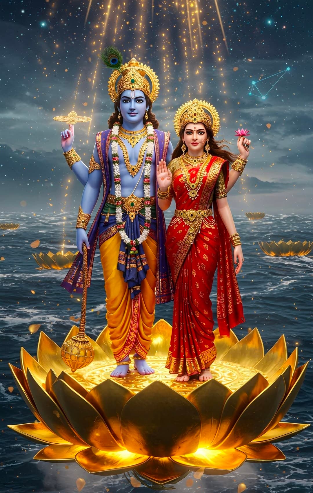 Lord Vishnu and Goddess Lakshmi standing on a glowing golden lotus over the ocean.