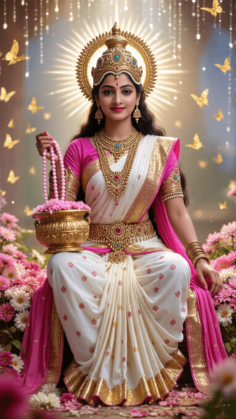 Maa Brahmacharini in white saree with rosary and pot, seated gracefully among flowers.