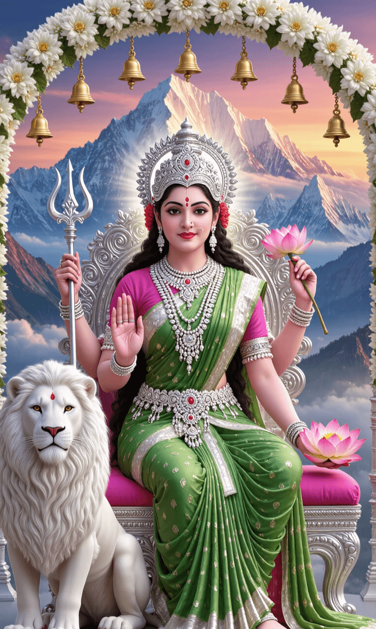 Maa Brahmacharini seated on throne with lion, holding trident and lotus.