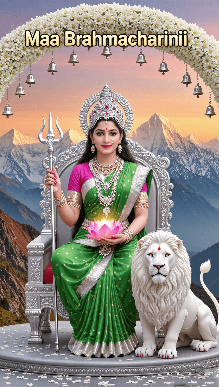 Maa Brahmacharini seated on white lion with trident and lotus, radiating divine aura.