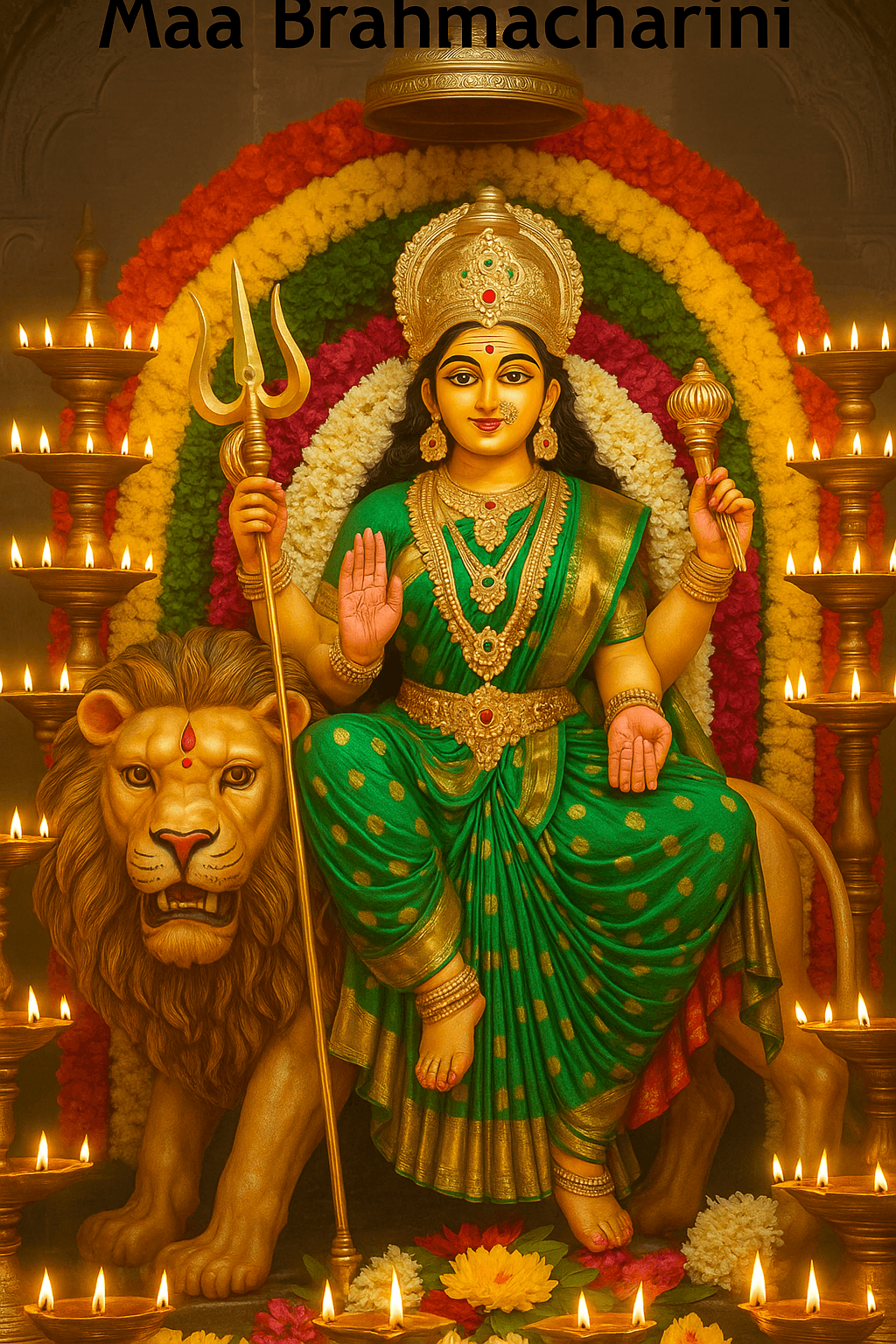 Maa Brahmacharini seated on lion, holding trident and rosary, with divine aura.
