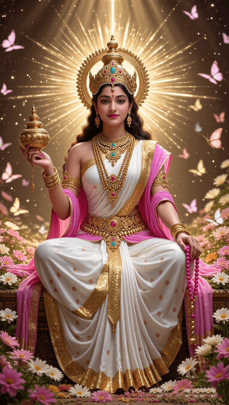 Maa Brahmacharini seated in white saree with pot and rosary, divine aura.