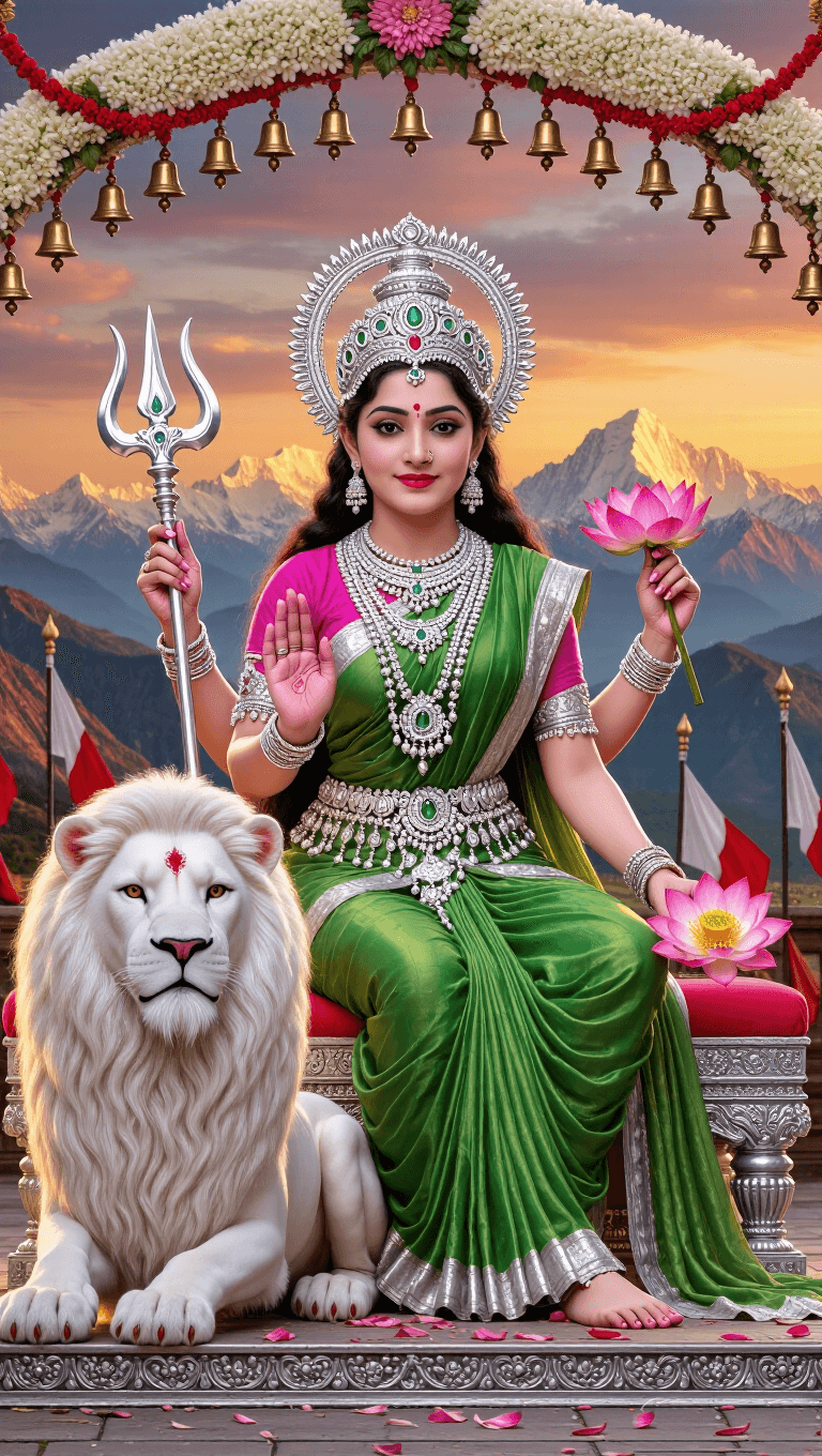 Maa Chandraghanta seated on white lion, holding trident and lotus, blessing devotees.