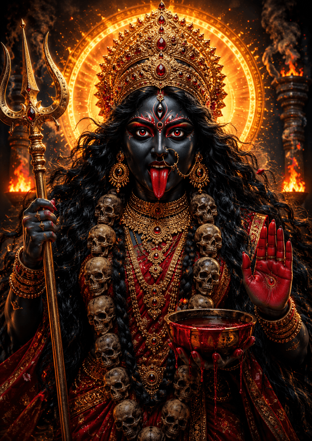 Fierce Maa Kali with trident, extended tongue, skull garland, glowing golden halo, and sacred bowl in stunning 4K, free to download.