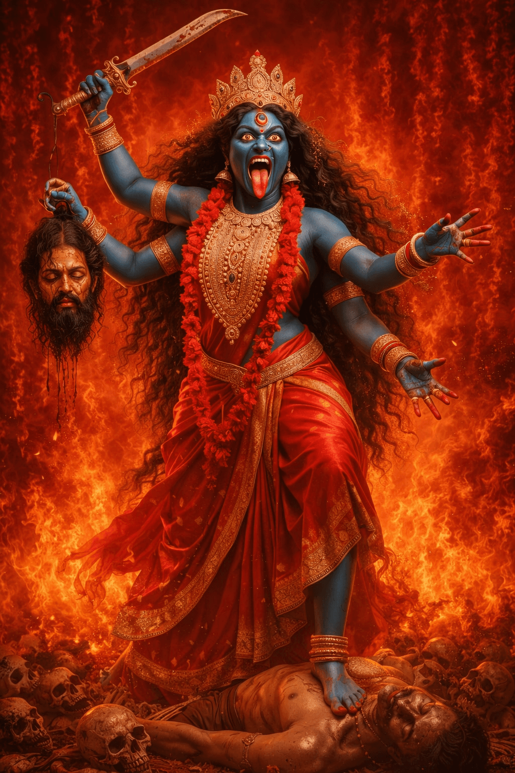 4K image of Maa Kali fierce avatar with sword and demon head