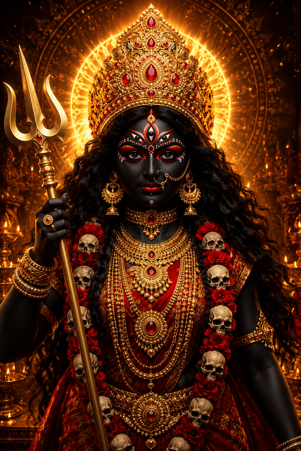 Majestic Maa Kali with black complexion, golden crown, trident, skull garland, glowing temple background in stunning 4K, free to download.