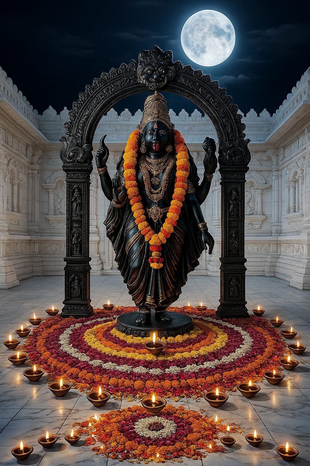 HD image of Maa Kali idol in temple at night with moonlight.