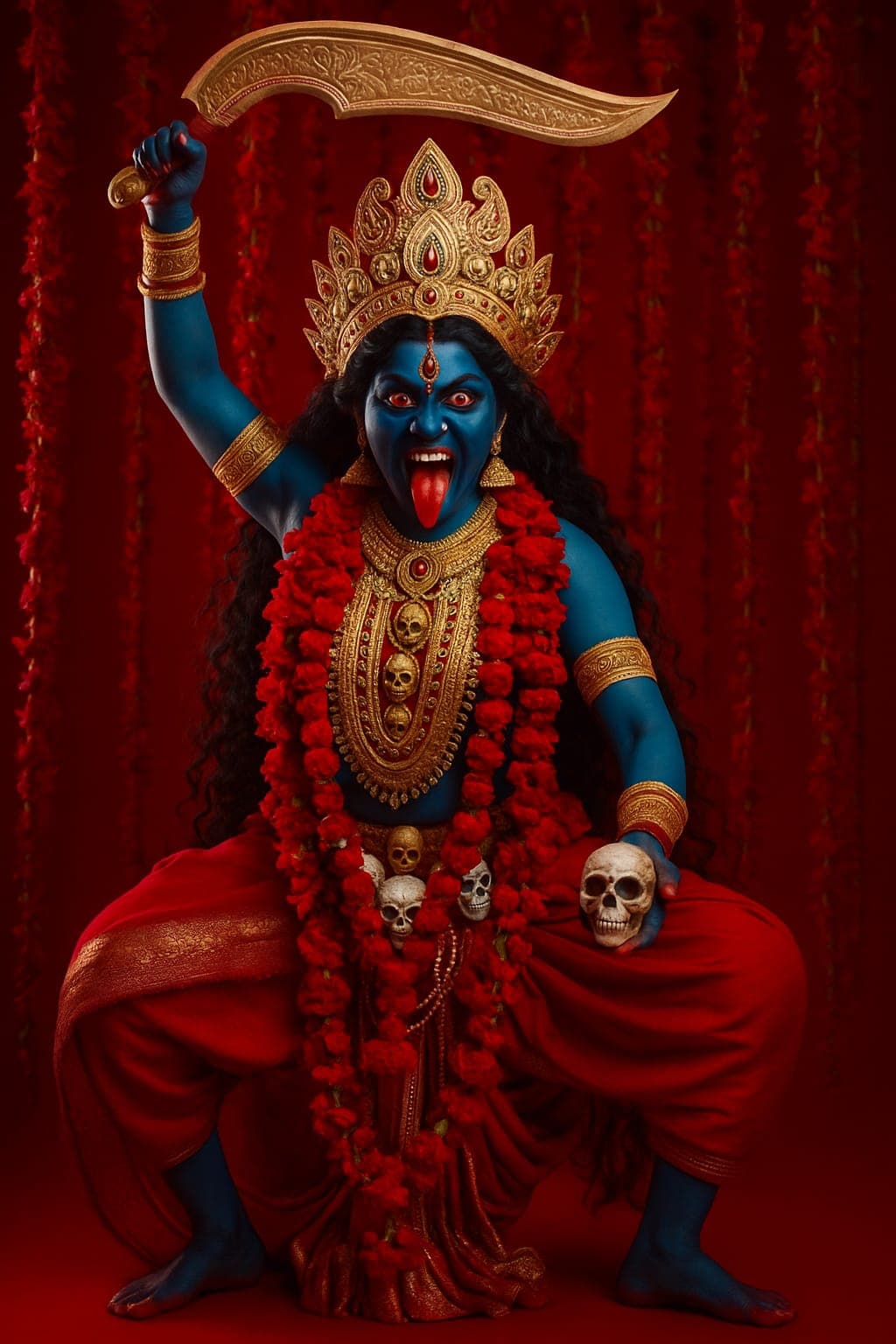 Fierce HD image of Maa Kali holding sword with red background.