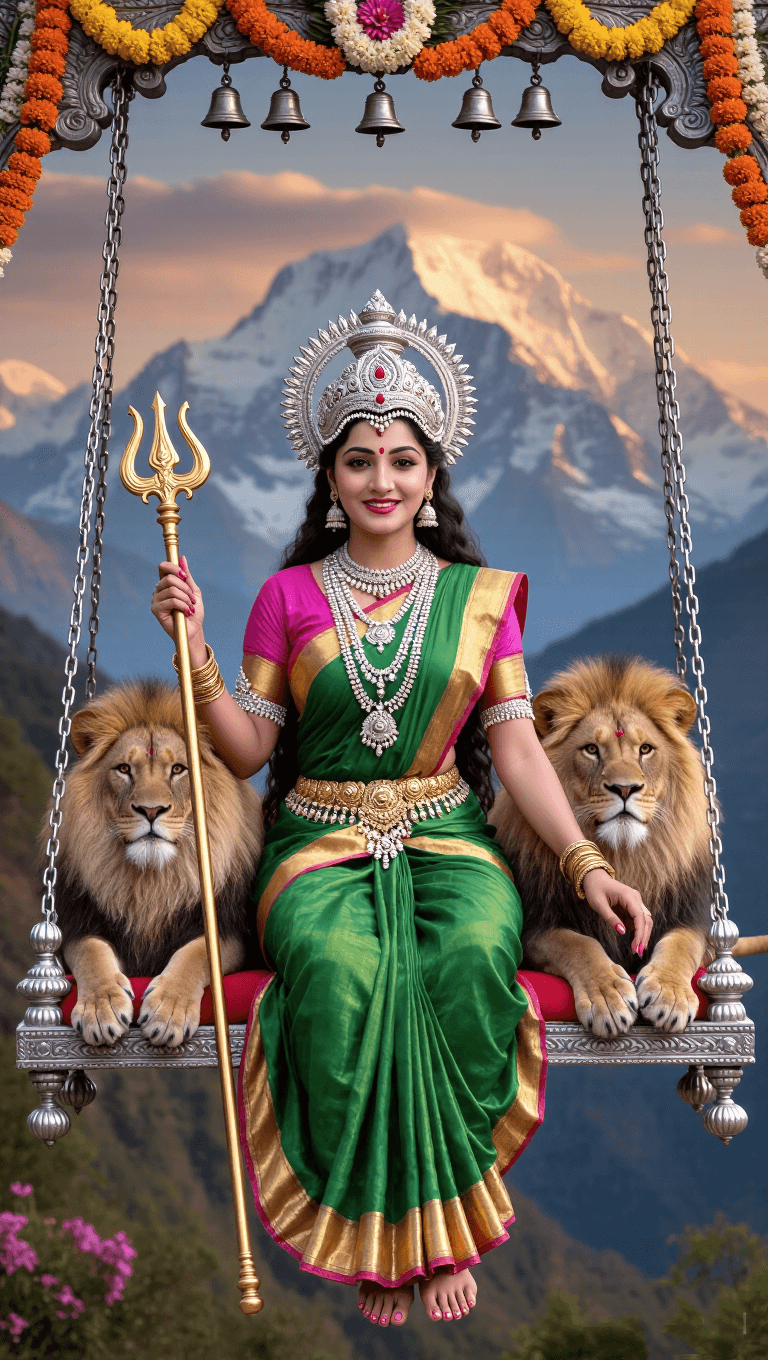 Maa Katyayani in green saree with trident, seated with two lions and Himalayas background.